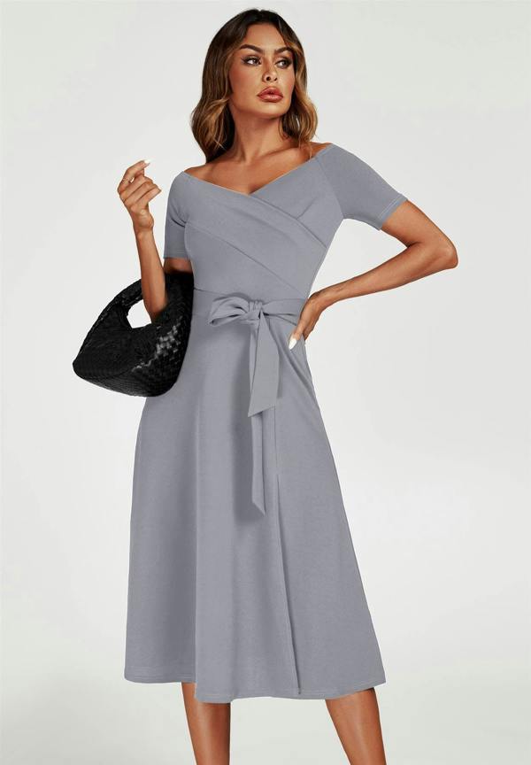 FS Collection Bardot Midi Dress In Grey