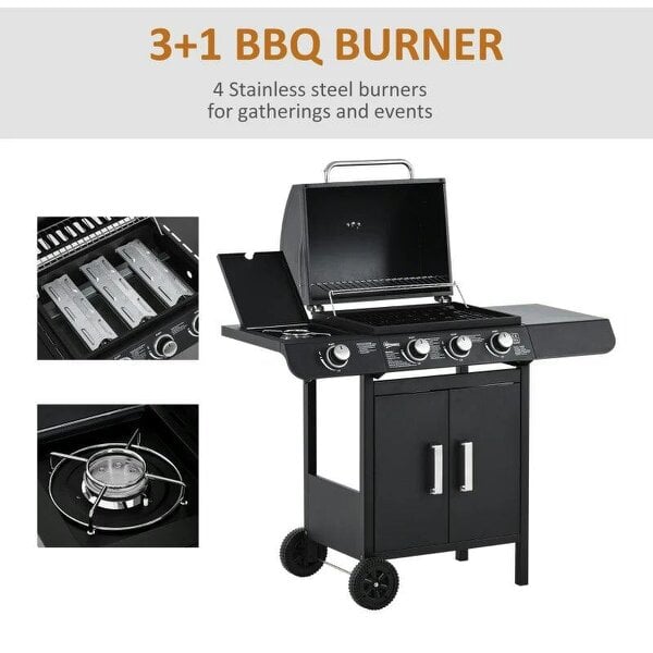 Bobobiy 3+1 Burner Gas BBQ Grill, Outdoor Barbecue Trolley with Wheels, Warming Rack, Side Shelves, Cabinet, Thermometer, 110W x 50D x 100Hcm, Black