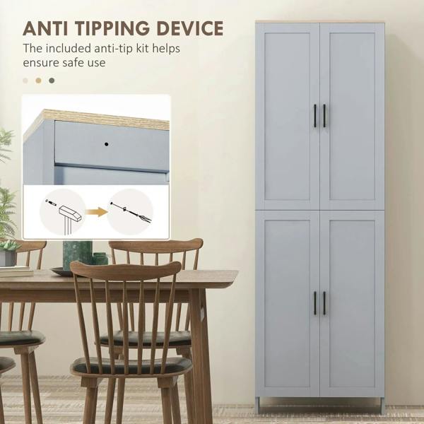 Grey pantry cabinet with anti-tipping strap anchored at the top, double doors closed