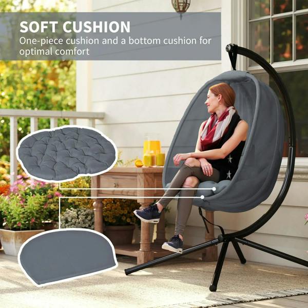 Grey hanging egg chair swing hammock with cushioned seat and foldable stand