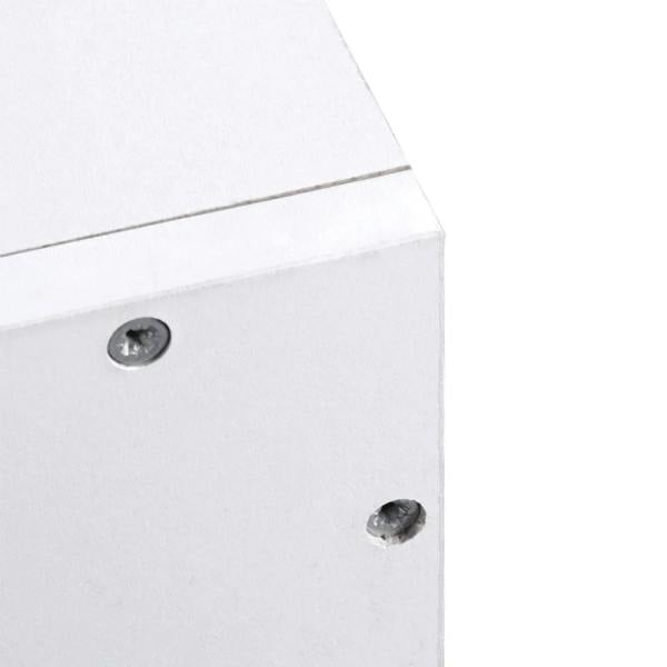 Close-up of white wall rack panel with mounting holes and metal bracket