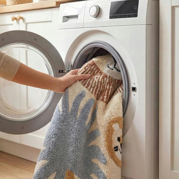 Person loading a colorful towel into a washing machine