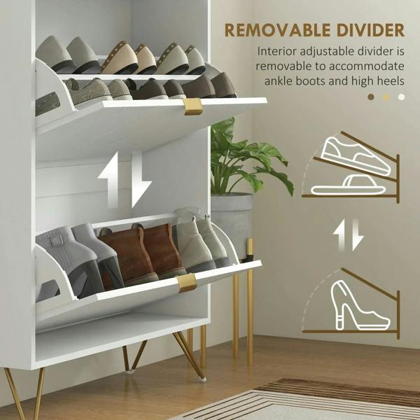 White shoe cabinet open with removable divider between compartments for shoes