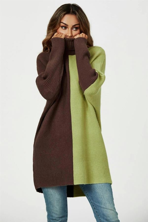 FS Collection High Neck Half Brown & Green Block Colour Jumper Top