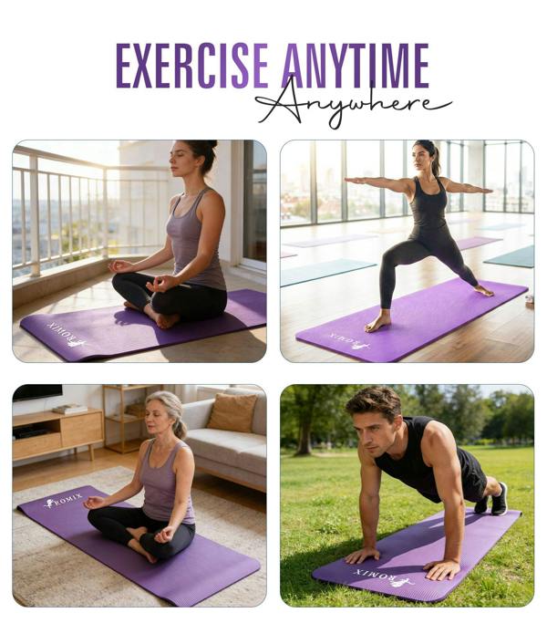 ROMIX Yoga Mat 10mm Thick, 180 x 60cm Non Slip Foam Exercise Mat with Carry Bag and Strap