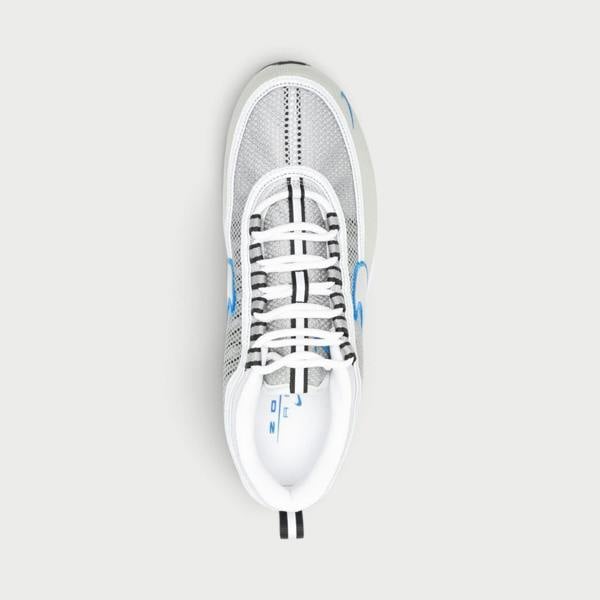 Supplied Fashion Air Zoom Spiridon SP sneaker in metallic silver and grey with blue accents and mesh upper