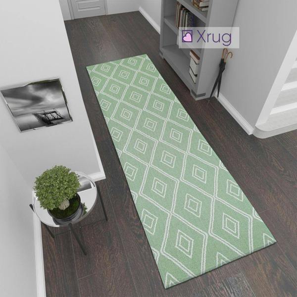 Runner Rug Geometric 100% Cotton Washable Woven Carpet Natural Diamond Patterned Mat - 75x300cm - Green Runner