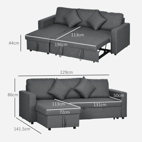 Wyld Haus Kesosu Dark Grey Upholstered 3 Seater Sofa Bed With Built In Storage