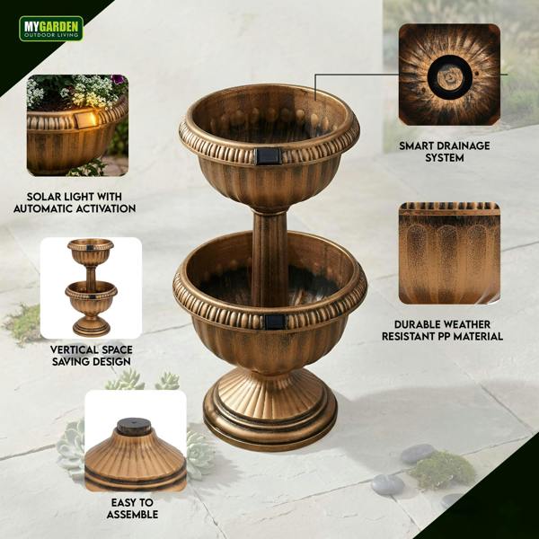 My Garden Outdoor Living MY Garden Planter 2 Tier with Solar Powered 8 LEDs-Tower Flower Planter with Bronze Antique Effect-Weather Resistant