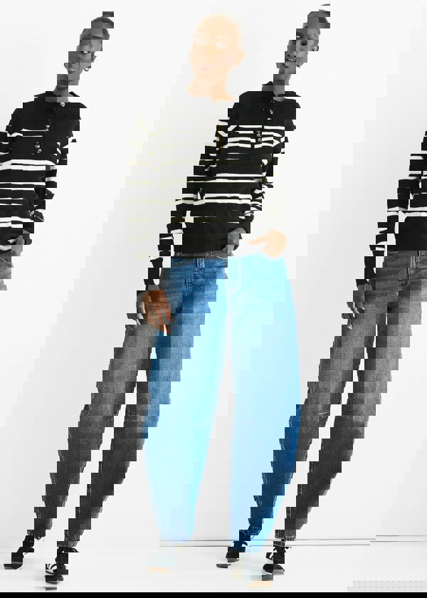 Gini London Black Recycle Stripe Button Up Loose Fit Knit Jumper