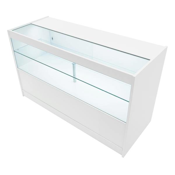 Sleek white Europa LED shop counter set featuring glass display shelves, modern design, and smooth finish for retail spaces
