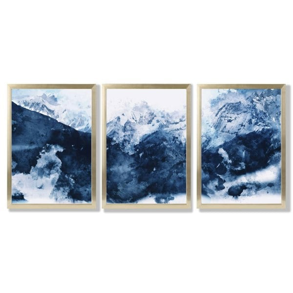 Abstract Navy Blue Mountains Set of 3 Framed Art Prints with Gold Wood Frames