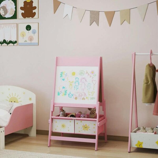 Art Easel for Kids, Double-Sided Whiteboard/Blackboard with Paper Roll, Two Storage Boxes, for Ages 3-8 Years, Pink
