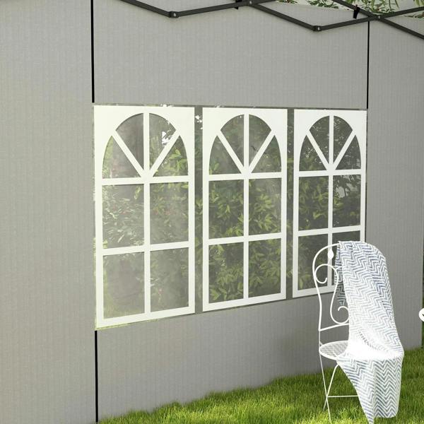 White gazebo side panel with three arched window cutouts and lattice pattern