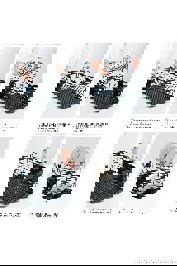 Living and Home Kitchen 2-Tier Metal Dish Drainer Rack Detachable Storage Drip Tray Sink Washing Plates Draining Board - Black