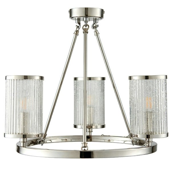 3 Light Chandelier Pendant Nickel Ribbed Glass Shade Hanging Ceiling Lamp Holder Loops