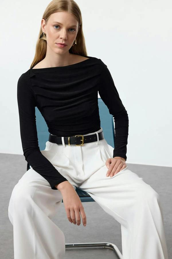 Hoxton Gal Boat Neck Draped Fitted Stretch Knit Blouse