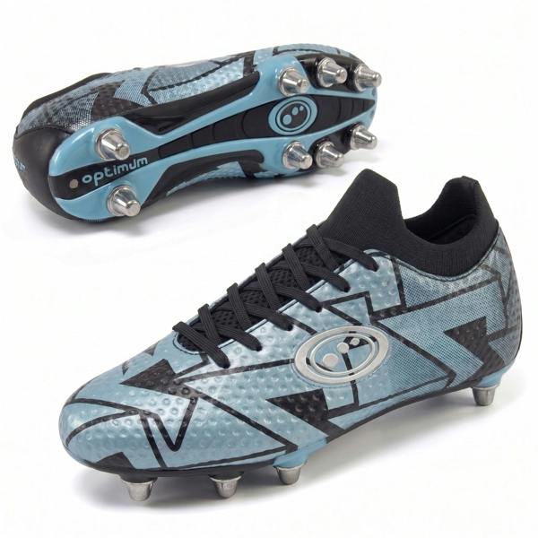 Blue Optimum Aztec rugby boot, side profile and sole views showing screw-in metal studs and lace-up - Optimum
