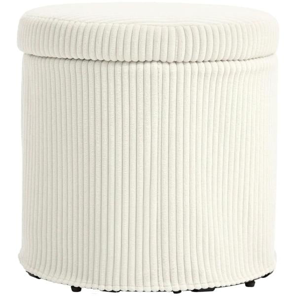 Beige corduroy round storage ottoman with removable lid and short legs