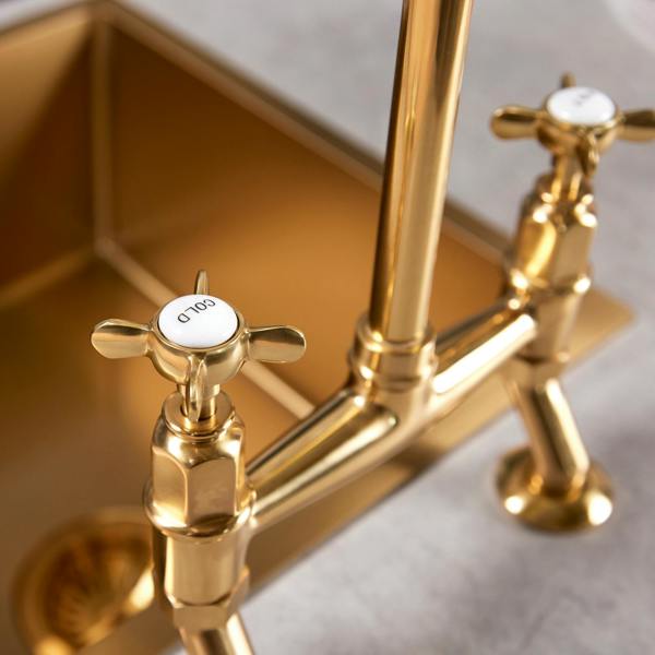Flode Larvik | Kitchen Crosshead Bridge Mixer Tap | Polished Brass Finish