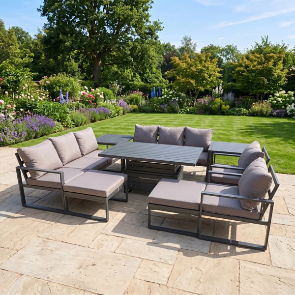 Fimous 10 Seater Aluminium Garden Furniture Set with Adjustable Rising Dining Table, 2 Chairs, 2 Footstools & 2 Side Tables - Grey