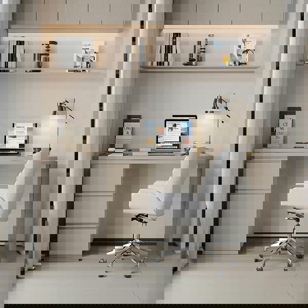 Jamal Office Desk With Storage & Office Chair, Solid Wood in a lifestyle setting with small office desk for home