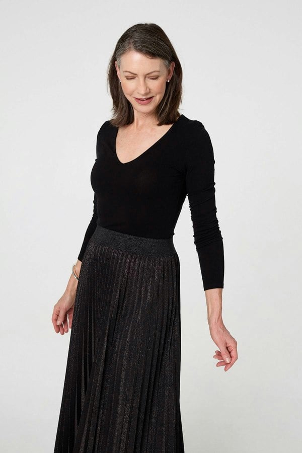 Black | Sparkly Pleated High Waist Maxi Skirt
