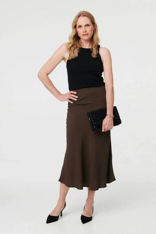 Brown | High Waist Slim A-Line Midi Dress