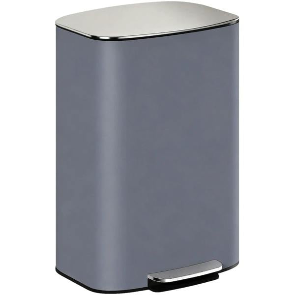 Grey pedal trash bin with stainless steel lid and foot pedal base