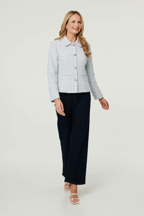 Blue | Textured Button Detail Fitted Jacket