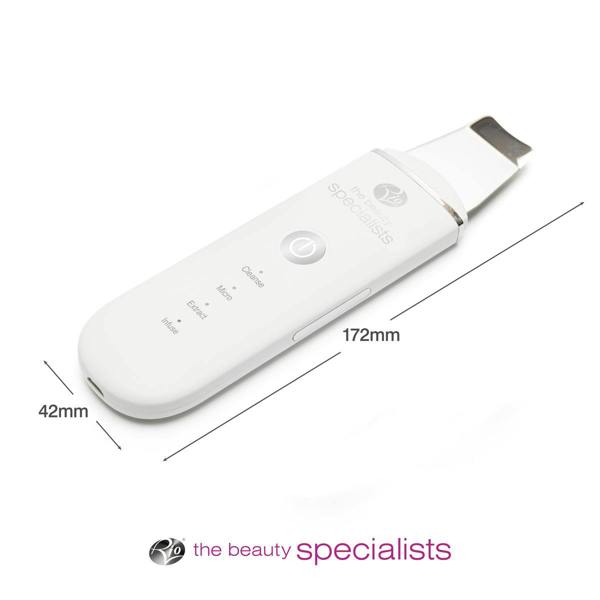 A white handheld Ultrasonic Skin Cleanser by Rio, featuring a metal spatula tip for exfoliation, is shown with dimensions 172mm (length) x 42mm (width). The Rio logo and name appear below the image.