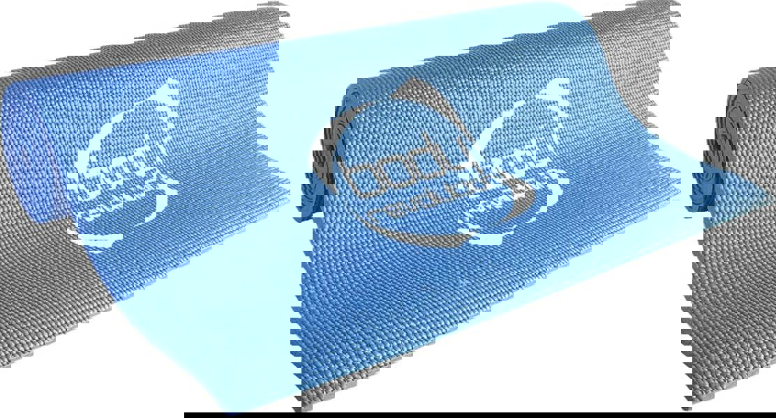 Blue yoga mat with a textured surface, rolled out, featuring a logo, ideal for fitness and exercise routines