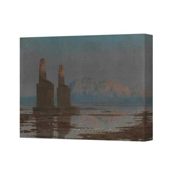 Benjamin Tate Design Canvas Print Wall Art Two Seated Statues On Water With Mountain Backdrop