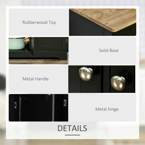 Black sideboard with rubberwood top, metal handles, metal hinges, and sturdy base