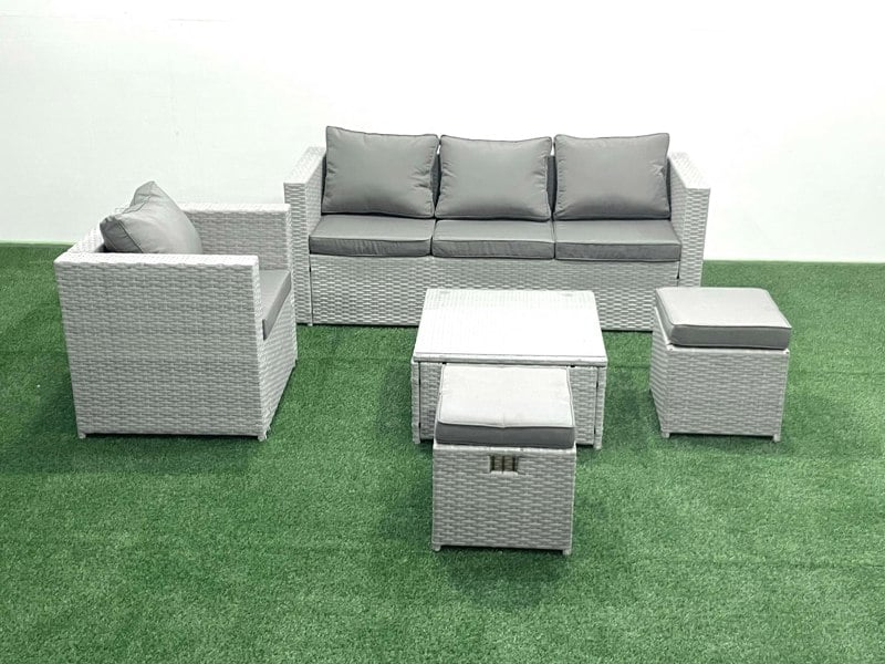 Fimous 6 Seater Rattan Garden Furniture Set with 3 Seater Sofa Chair Square Coffee Table Big Footstool Light Grey Mixed