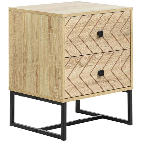 Natural wood bedside table with two drawers, zigzag pattern and black metal handles