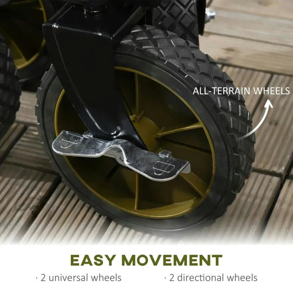 All-terrain wheel on green folding utility wagon trolley with rugged tread