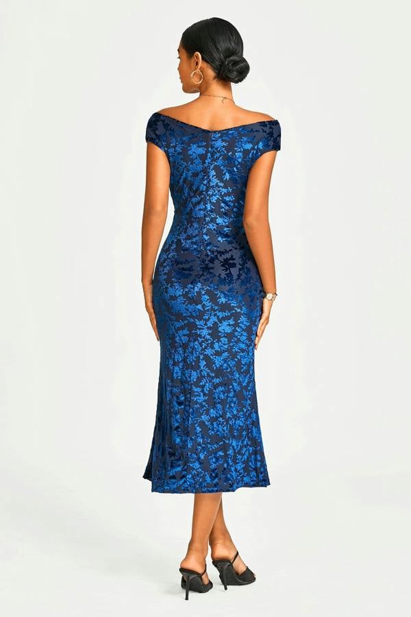 FS Collection Floral Velvet Devore Bardot Pleated Midi Dress In Navy