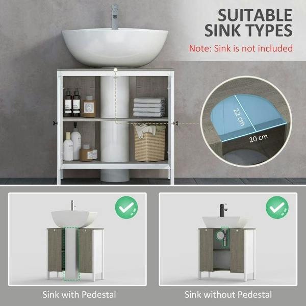 White bathroom sink cabinet with open door shelves and under-sink storage space.