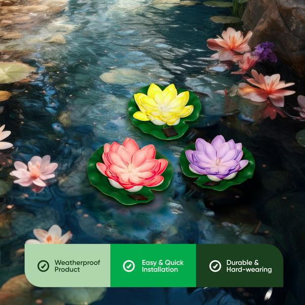 Gardenwize Pack of 3 Solar Floating Lotus Lights – Warm White LED Pond Lights