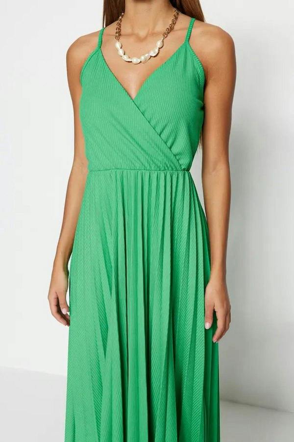 WOVCOR Printed Wrap V-Neck Adjustable Straps Pleated Midi Dress