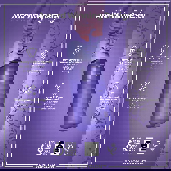 A purple water bottle is being held; it features a hide-away handle, a wide mouth, and a hygiene cover. The bottle's design prioritizes hygiene and it's an award winner.