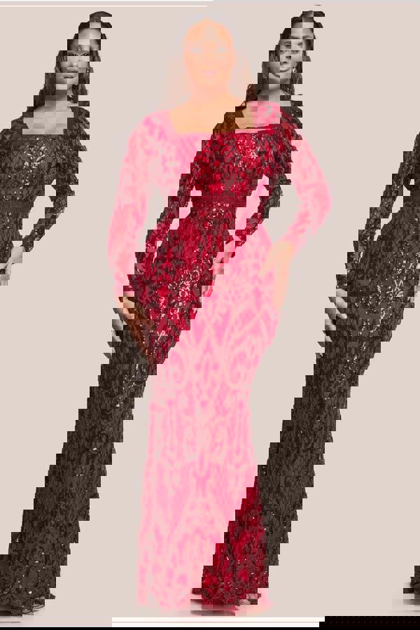 Sequin Square Neck Maxi With Scallop Hem - Red DR4038PLUS