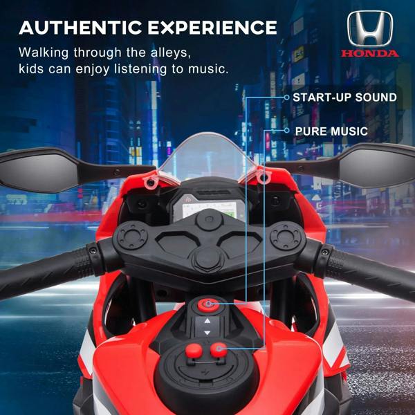 Red kids electric motorcycle handlebar controls and dashboard detail