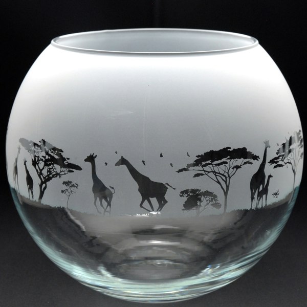 Glyptic Glass Art Giraffe Glass Flora Bowl Vase - Hand Etched/Engraved Gift