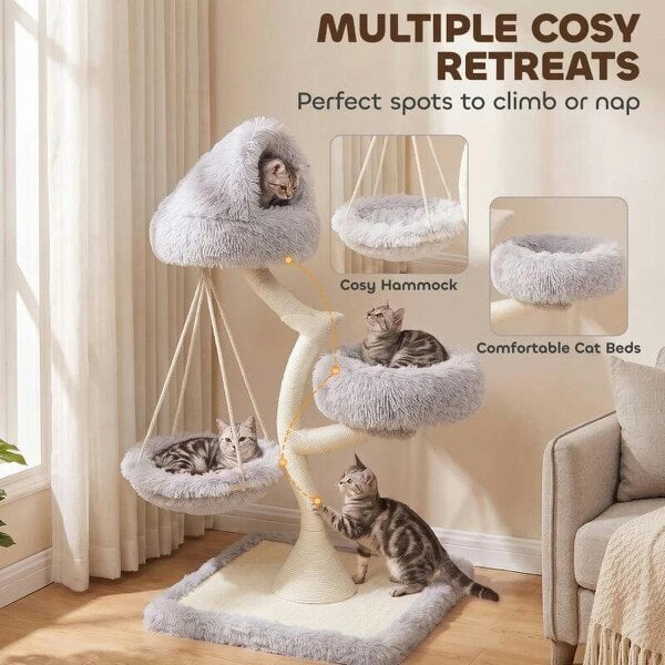115 cm Modern Cat Tree Tower for Large Cats with Sisal Scratching Post, Holds 1 Cat up to 6kg, Machine-Washable Beds