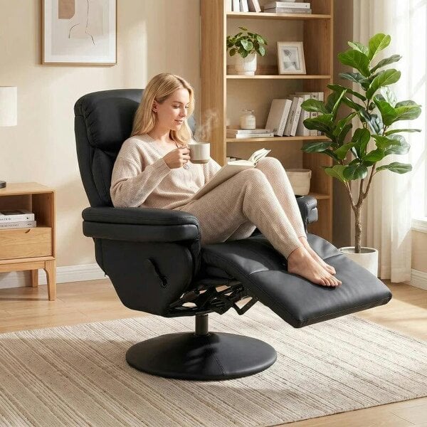 Upholstered Reclining Armchair, Manual Recliner Chair with Footrest and Adjustable Backrest, Black