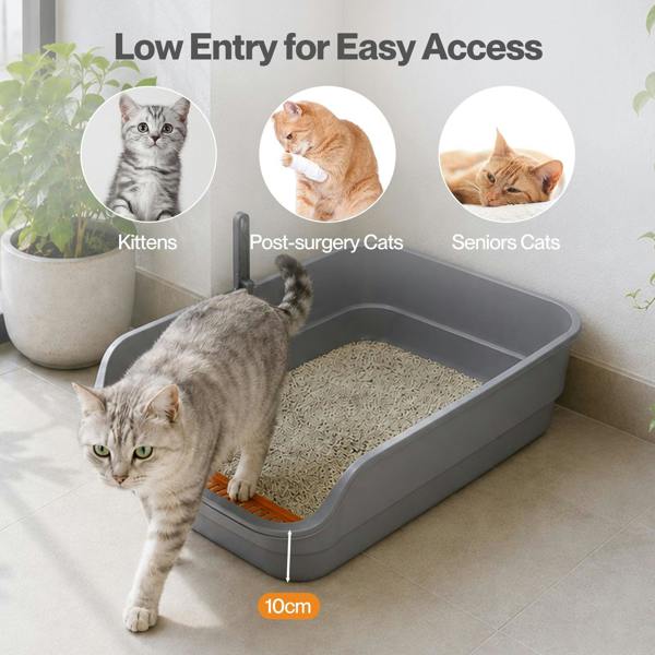 Skylos Cat Litter Tray Spacious High Sided Low Entry Open Pan for Cats Grey