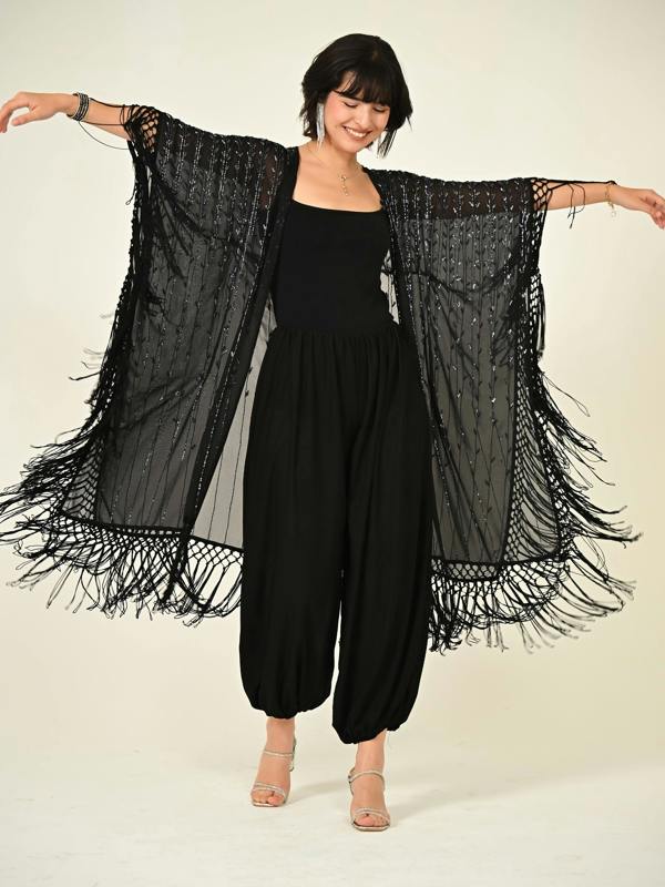 Rose & Nancy Fi Black Statement Hand Embellished Fringe Trim Kimono