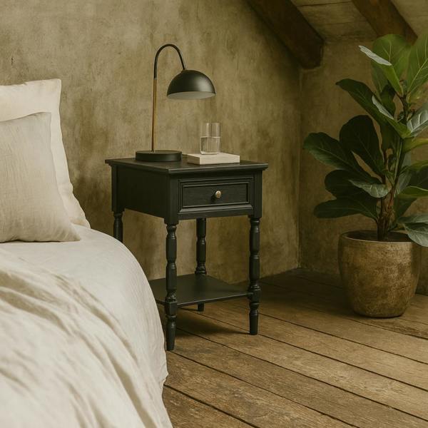 Wyld Haus San Antonio Vintage Black Wooden Bedside Table with Drawer and Shelf